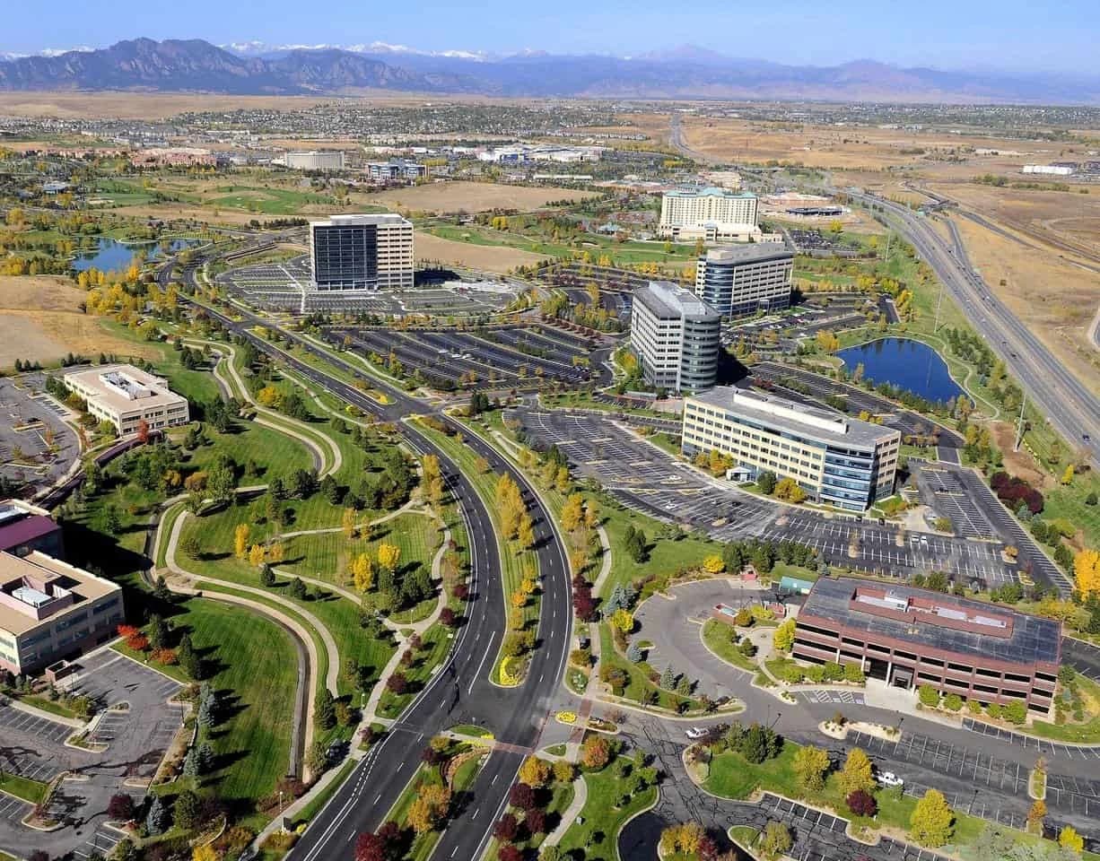 Aerial view across Interlocken in Broomfield toward the Front Range